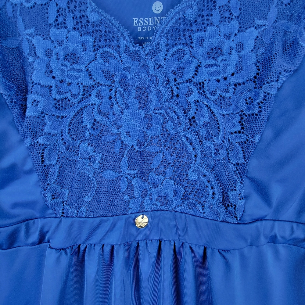 Essentials Bodywear Bodycon Slip Dress Sz 2X Blue Satin Lace Adjustable Strap - Picture 4 of 10
